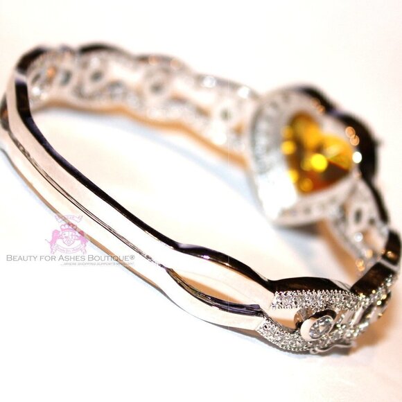 Canary Yellow Cubic Zirconia Heart Love Valentine Cuff Choose Joy Cz Bracelet - Picture 4 of 10